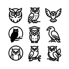 Nine Stylized Owl Icons in Varied Poses and Designs Black and White.