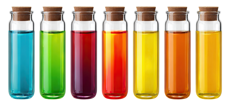 Set of laboratory test tubes with colorful liquids, isolated on transparent cutout background