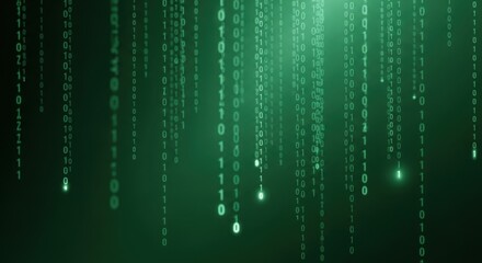 Binary code rain digital background with falling green digits. Data stream technology concept for cybersecurity and programming.