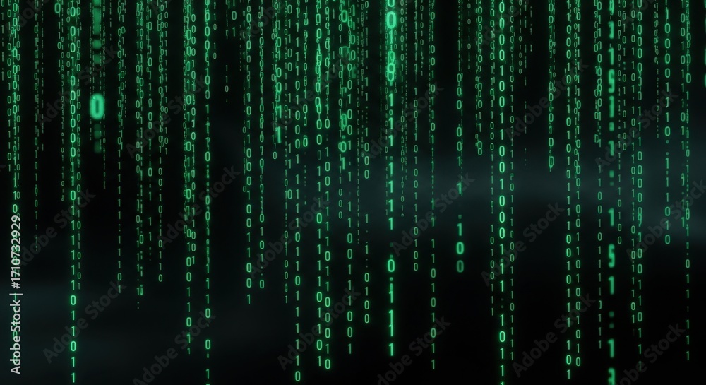 Wall mural falling binary code on a black background. digital data stream. concept of programming, hacking, and