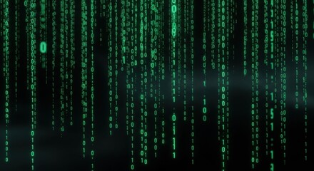 Falling binary code on a black background. Digital data stream. Concept of programming, hacking, and virtual reality.