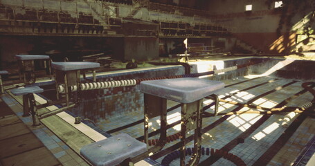 Once a lively oasis, the old pool now sits in disrepair, surrounded by crumbling tiles and rusting diving boards, evoking a sense of nostalgia for its former glory.