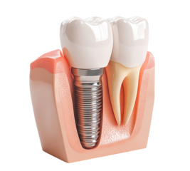 Tooth implant with crown and gum tissue anatomy illustration, isolated on transparent cutout background