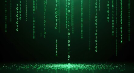 Dropping binary code forms a digital light surface. Concept of data stream, matrix, cybersecurity, and information technology background.