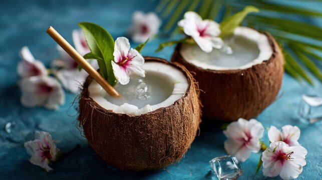 Two coconut cocktails with flowers and a straw on a blue background for a refreshing tropical summer drink