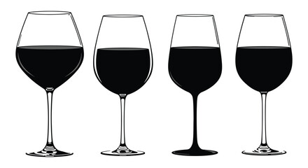 Four wine glasses filled with dark liquid arranged in a row