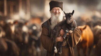 Smiling Old Shepherd Holding Goat in Rustic Countryside at Sunset