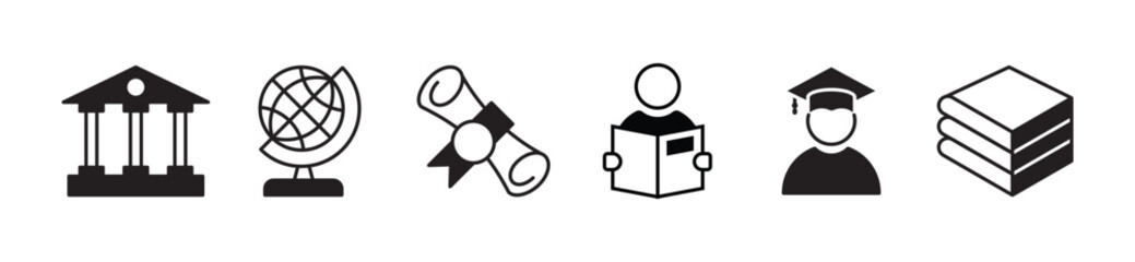 Educational icons representing learning, achievement, and knowledge across various academic subjects and activities