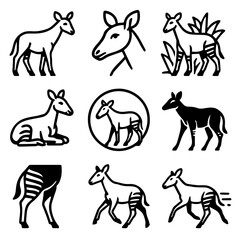 Okapi Icon Set Stylized Illustrations of the Elusive Forest Giraffe in Various Poses.