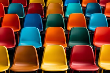 Fototapeta premium Colorful rows of empty plastic chairs arranged in a stadium or auditorium