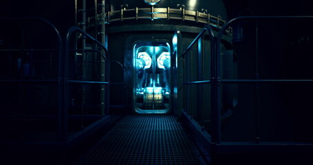 Obraz premium An illuminated doorway creates a striking contrast against the surrounding darkness of an industrial space. Metal railings and shadows enhance the mysterious atmosphere.