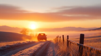 Sunrise Drive: A vehicle travels along a serene rural road at sunrise, creating a silhouette against the vibrant golden sky. Capturing the beauty of travel and new day.
