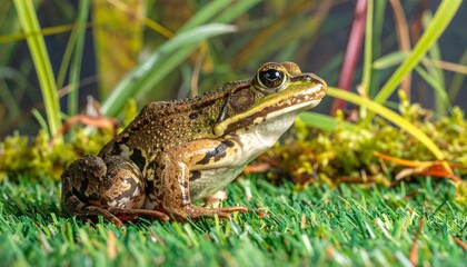 Fototapeta premium A close-up of a frog resting on a bed of artificial grass, showcasing its intricate patterns and colors.