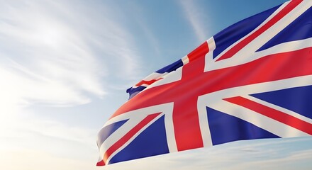 The union jack flag of the united kingdom waving in a clear blue sky with wispy clouds on a sunny day