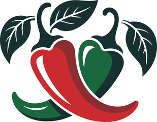 Spicy Chili Peppers Logo Design. A vibrant logo design featuring two intertwined chili peppers, one red and one green, with dark green leaves.