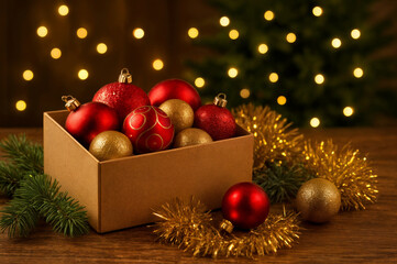 Box with red and gold Christmas ornaments and tinsel, AI generated