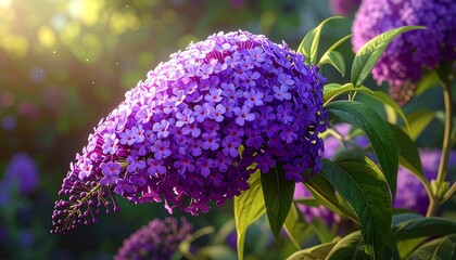 Vibrant cluster of purple buddleja flowers blooming under the sunlight