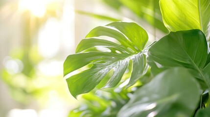 Monstera Deliciosa Sunlight: A close-up view of a vibrant Monstera deliciosa leaf, its distinctive split-leaf structure glistening in the warm, natural light of a sun-drenched scene.