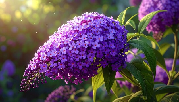 Vibrant cluster of purple buddleja flowers blooming under the sunlight