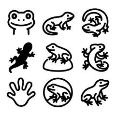 Simple Black Line Art Illustrations of Amphibians and Reptiles.