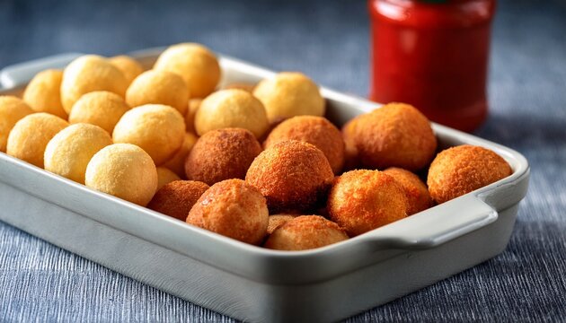 salgados brasileiros variados dentro de uma assadeira e um pote com ketchup no centro comida brasileira lanche aperitivo salgadinho