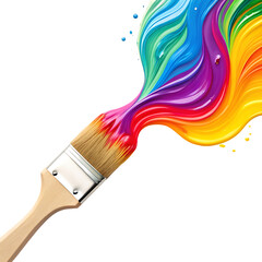 A paintbrush loaded with multicolored paint flowing against a black background in a vibrant display