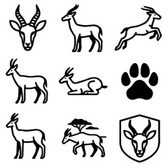 Simple Black Line Art of Various Springbok Animals.