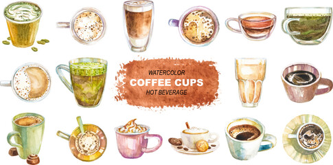 Vector watercolor painted coffee cups clipart.