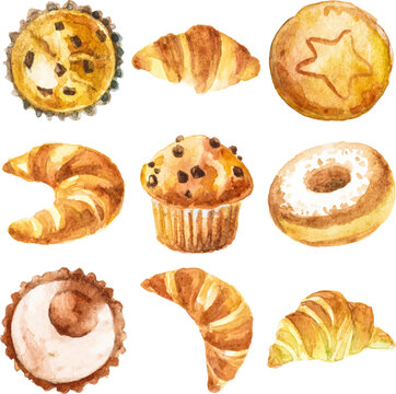 Vector watercolor painted sweet bakery clipart.