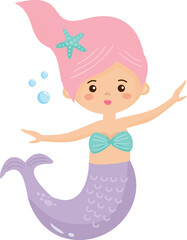 Cartoon mermaid with pink hair, turquoise seashell bra, and purple tail, bubbles floating, cheerful, bright, flat vector illustration, full shot.
