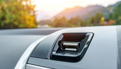 Obraz premium Close-up of a car's interior USB port, nestled within a dashboard panel, with a blurred background of a scenic autumn landscape.
