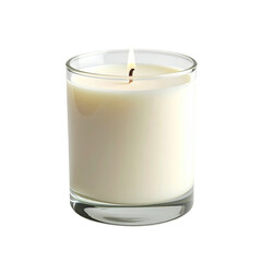 A single, creamy-white candle in a clear glass jar, flickering flame