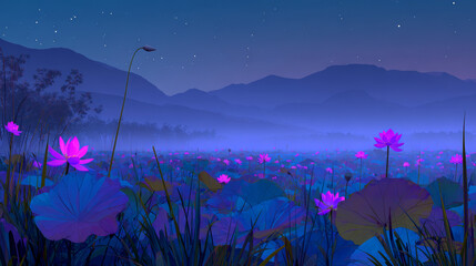 Magical glowing lotus flowers in neon light at night with starry sky and misty landscape creating a dreamy fantasy atmosphere