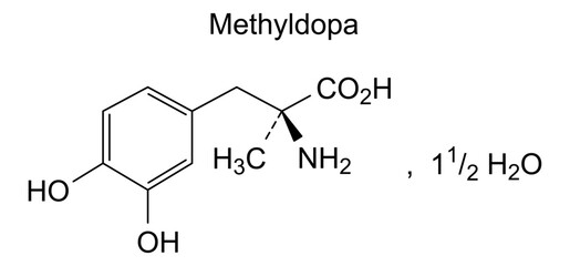 Chemical structure of methyldopa, drug substance