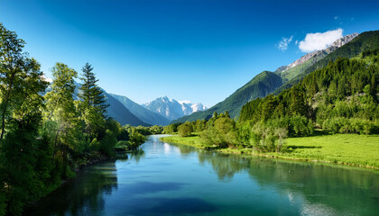 Lush Green Mountains Surround Serene River Creating Tranquil Landscape Filled With Vibrant Foliage And Clear Skies