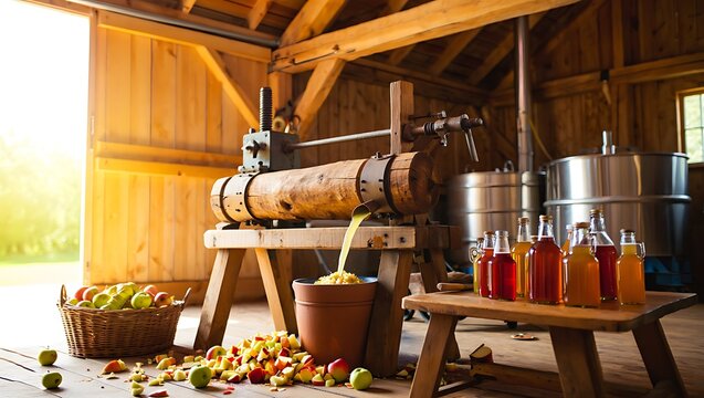 Rustic apple press and bottled cider in a traditional barn setting