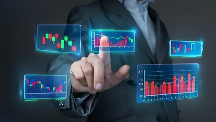 Business professional interacting with futuristic financial trading data screens holographic display