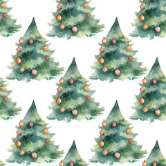 Seamless pattern of Christmas tree with toys, watercolor style, for packaging, cards and graphic design. Vector.