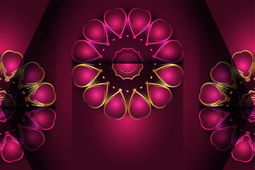 Decorative purple and magenta mandala with golden floral symmetry on glowing abstract art