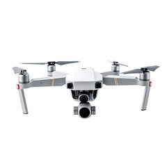 Front view of a white drone with gray accents and a camera