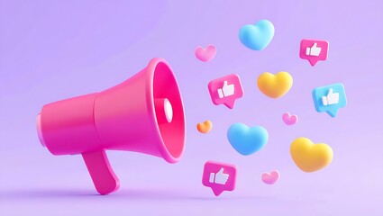 Pink megaphone emitting social media icons heart like star bubble notification concepts