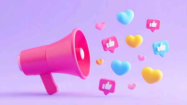 Pink megaphone emitting social media icons heart like star bubble notification concepts