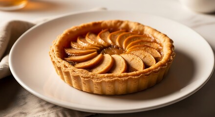 Golden Apple Tart - Sliced Apples, Flaky Crust, Warm Light, Culinary Delight.