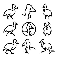Stylized Cassowary Bird Illustrations in Various Poses Black Outline Design.