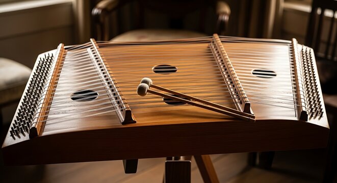 Close up of a hammered dulcimer musical instrument with mallets resting on strings.