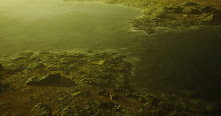 A serene shoreline stretches across the scene, with smooth stones and calm water reflecting a hazy atmosphere. The muted colors suggest twilight, adding to the tranquil mood of the natural landscape.