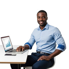 Professional black man smiling at desk with laptop showing financial chart data isolated on transparent background