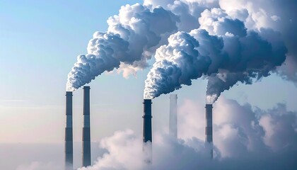 Industrial pollution, smoky stacks against a hazy sky