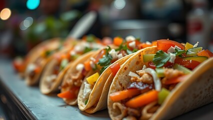Close-up of vibrant street food tacos with fresh toppings, showcasing appetizing textures and colors.