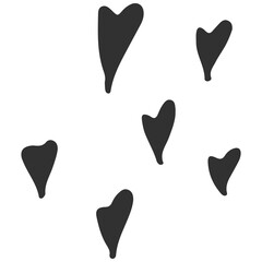 Six stylized, dark gray heart shapes with elongated tips are scattered on a plain white background, creating a simple, minimalist, and slightly whimsical design.
